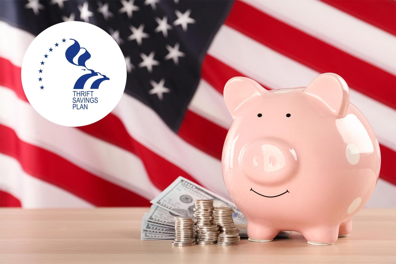 Featured image for Army Thrift Savings Plan, showing a piggy bank and money on a table with a flag of the United States in the background